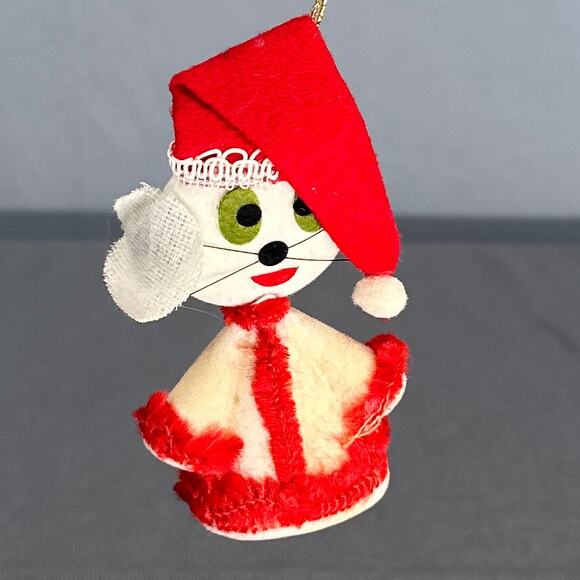10 VTG 1950s Flocked Felt Christmas Ornaments Mice Cat Snowmen Santa MCM Kitschy - Picture 10 of 16
